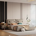 Modern Bedroom Interior With Leather Headboard Double Bed Pillows Throw Blanket And Blinds