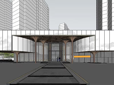 Modern Sales Office Building With Glass Facade And Portico Entrance Surrounded By Tall Buildings 3d model