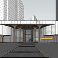 Modern Sales Office Building With Glass Facade And Portico Entrance Surrounded By Tall Buildings