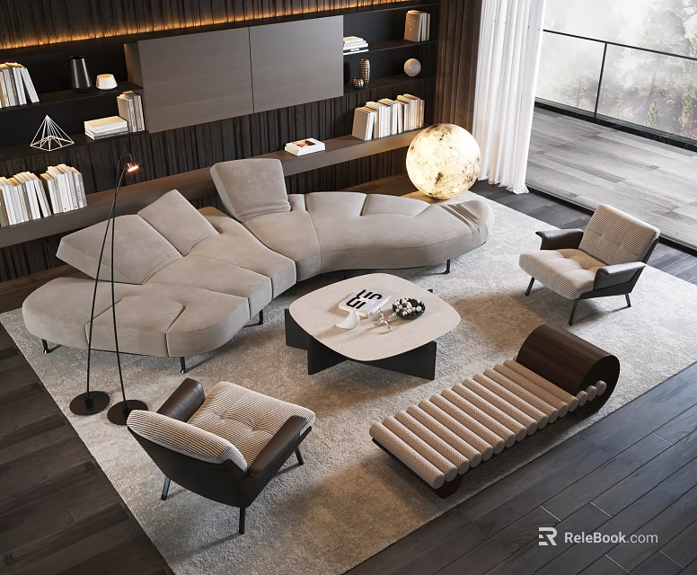 Modern Beige Sofa and Coffee Table Set with Accent Chairs Floor Lamp and Large Window 3d model 