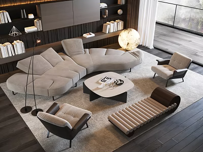 Modern Beige Sofa and Coffee Table Set with Accent Chairs Floor Lamp and Large Window 3d model