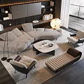 Modern Beige Sofa and Coffee Table Set with Accent Chairs Floor Lamp and Large Window