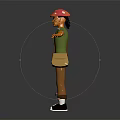 Character Wearing Red Hat Green T-Shirt with Brown Bag and Small Butterflies Around Outstretched Arms