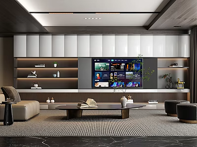 Modern Living Room Interior With TV Wall Sofa Coffee Table Decorative Shelves And Soft Lighting 3d model