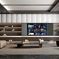 Modern Living Room Interior With TV Wall Sofa Coffee Table Decorative Shelves And Soft Lighting