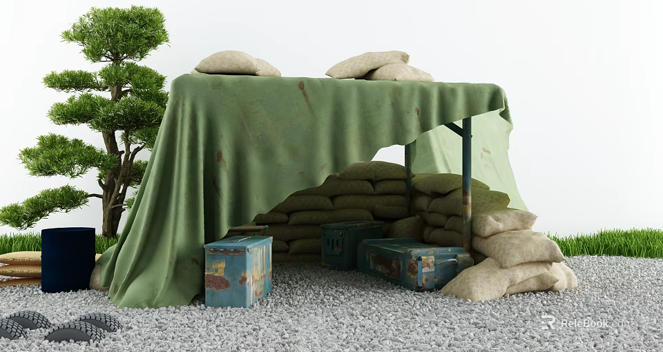 Weapon Storage Structure Covered In Green Cloth With Sandbags Wooden Crates And Trees Around 3d model 