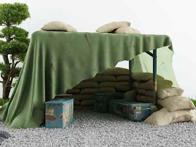 Weapon Storage Structure Covered In Green Cloth With Sandbags Wooden Crates And Trees Around 3d model