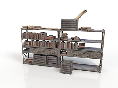 Vintage Wooden Bookshelf With Stacked Books And Drawers On Multiple Shelves 3d model