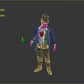 Man With Purple Coat Black Top Hat Green Vest Red Top Cane Against Grey Background