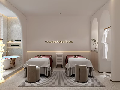 Elegant Modern Beauty Salon Interior With Two Massage Beds And Marble Bathtub 3d model