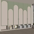 Green Beige Wardrobe With Arched Doors Bottom Storage Built In Lighting Baskets And Stuffed Toy