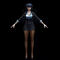 Professional Woman in Black Suit White Blouse Standing with Arms Outstretched and Long Dark Hair