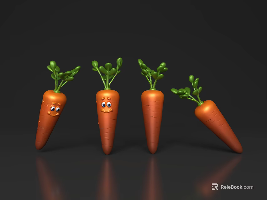 Cute Cartoon Carrots With Green Leafy Tops And Happy Smiling Faces 3d model 