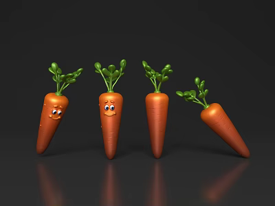 Cute Cartoon Carrots With Green Leafy Tops And Happy Smiling Faces 3d model