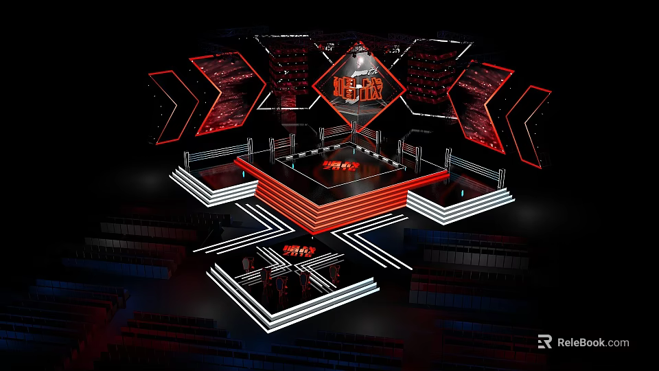 Esports Competition Stage Design With Red Black Lighting And Arena Seats 3d model 