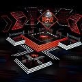 Esports Competition Stage Design With Red Black Lighting And Arena Seats