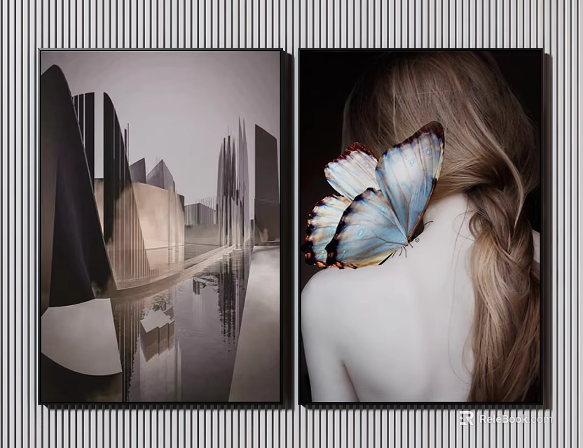 Modern Geometric Architecture With Water Reflection And Woman Back With Blue Butterfly 3d model 