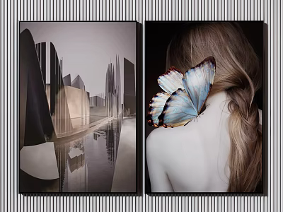 Modern Geometric Architecture With Water Reflection And Woman Back With Blue Butterfly 3d model
