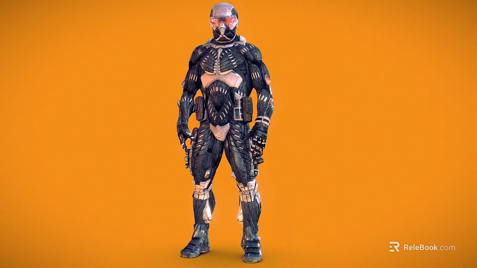 Detailed Futuristic Armored Character In Tech Suit Standing Against Orange Background 3d model 