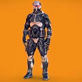 Detailed Futuristic Armored Character In Tech Suit Standing Against Orange Background