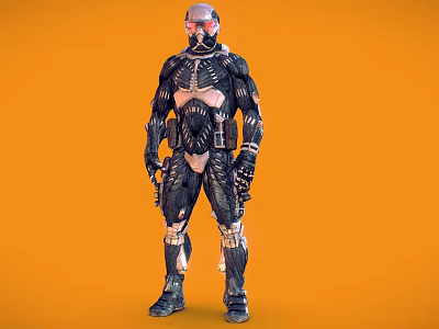 Detailed Futuristic Armored Character In Tech Suit Standing Against Orange Background 3d model