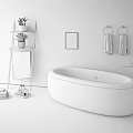 Bathroom Set Featuring White Bathtub Marble Walls Black Shelf Green Plants Towels and Towel Rings