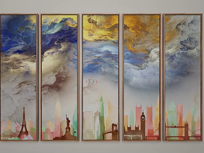 Modern Style Multiple Panel Paintings With Abstract Clouds City Silhouettes 3d model