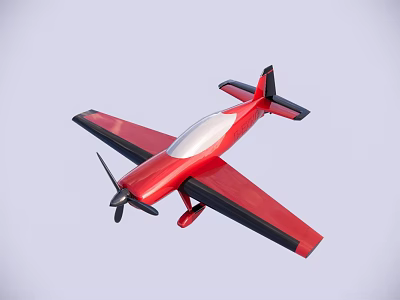 Red Passenger Airplane With Single Propeller And Black Edge Wings In Light Blue Sky 3d model