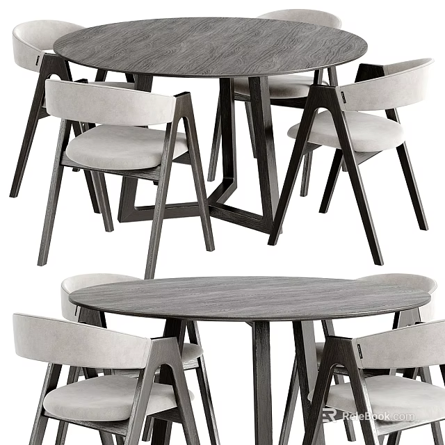 Minimalist Modern Dining Table Set With Wooden Tabletop And Upholstered Chairs 3d model 