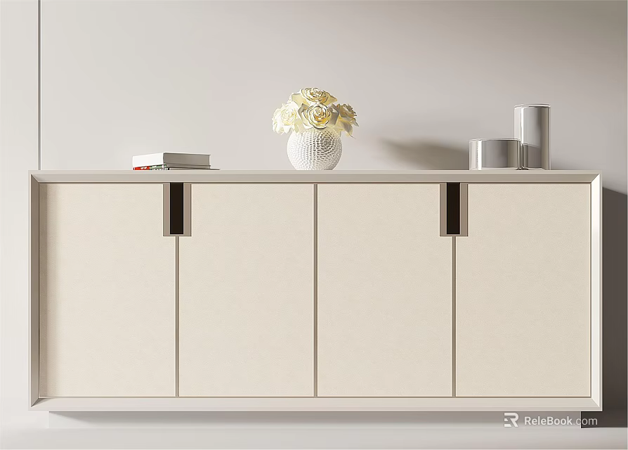 Modern Entryway Sideboard Cabinet With Beige Doors Decorative Vase And Books 3d model 