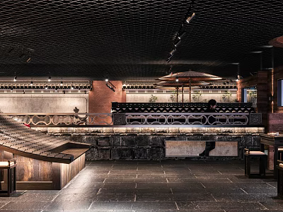 Rustic Restaurant Interior With Stone Accents Wooden Furniture And Ambient Lighting 3d model