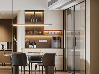 Modern Restaurant Interior With Dining Table Leather Chairs Hanging Lights And Wine Cabinet 3d model