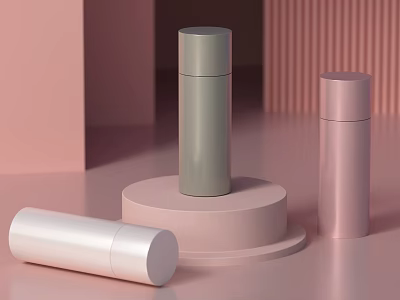 Modern Perfume Cosmetics Bottles in Pastel Colors on Pink Display Stand 3d model
