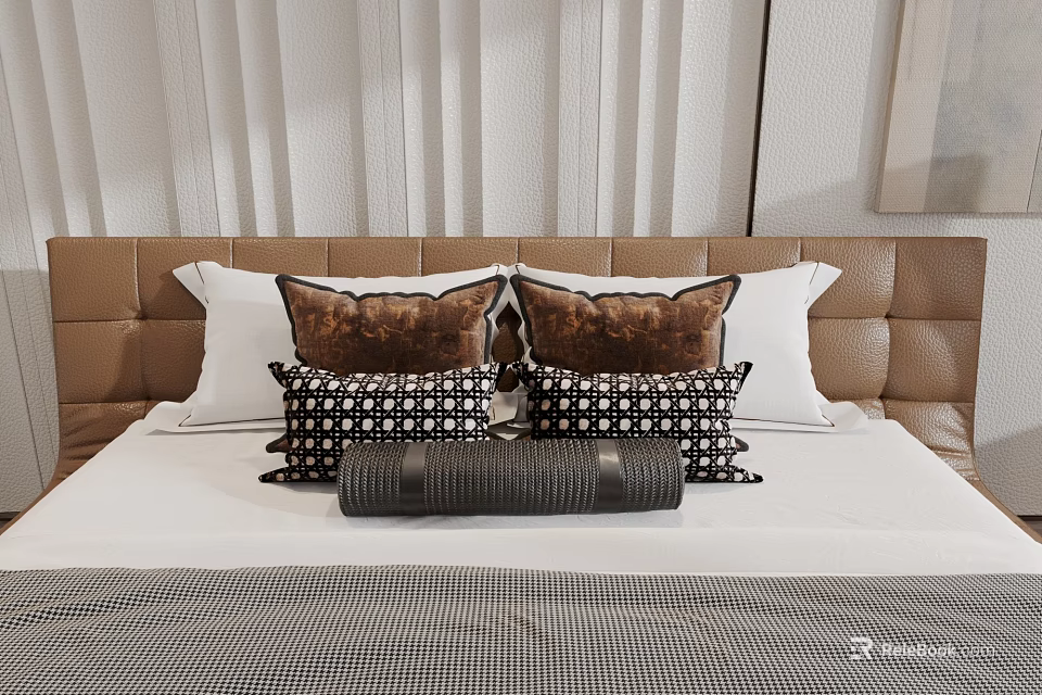 Stylish Bed Pillows With Brown Patterned Black and White Checkered And Gray Cylindrical Designs 3d model 