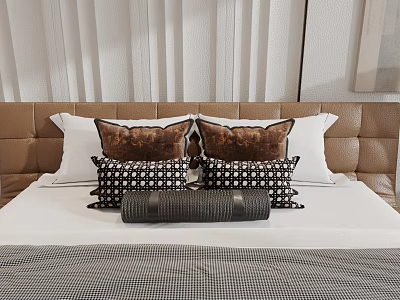 Stylish Bed Pillows With Brown Patterned Black and White Checkered And Gray Cylindrical Designs 3d model