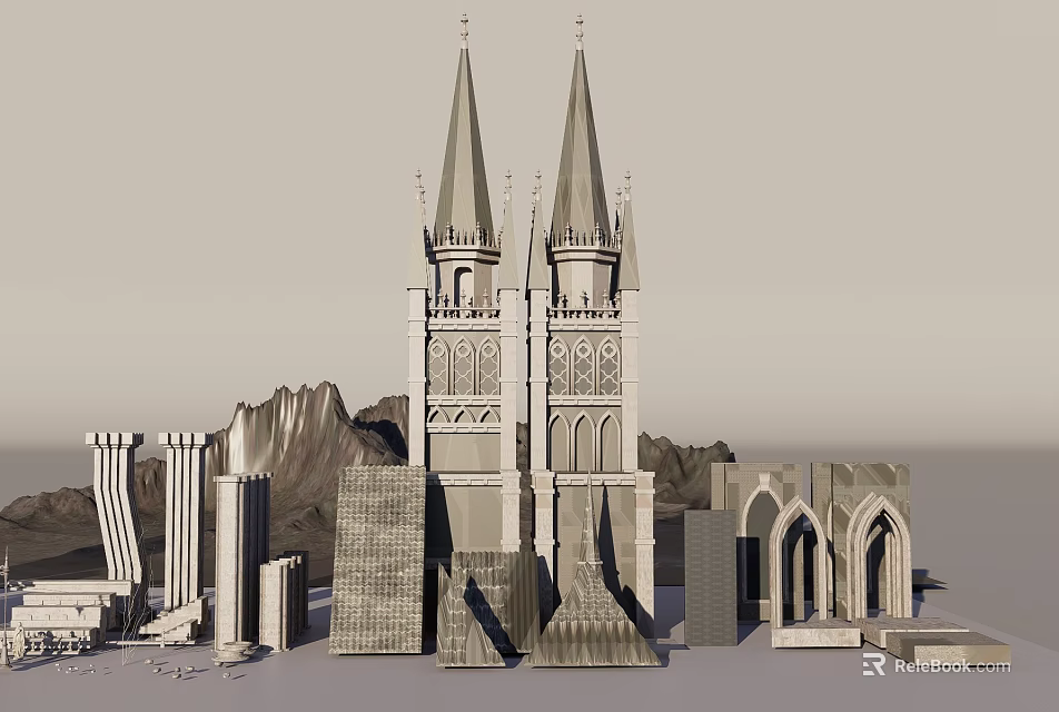 Gothic Twin Towers Cathedral With Classical Columns Arches And Mountain Backdrop 3d model