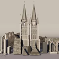 Gothic Twin Towers Cathedral With Classical Columns Arches And Mountain Backdrop 3d model