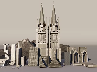 Gothic Twin Towers Cathedral With Classical Columns Arches And Mountain Backdrop 3d model