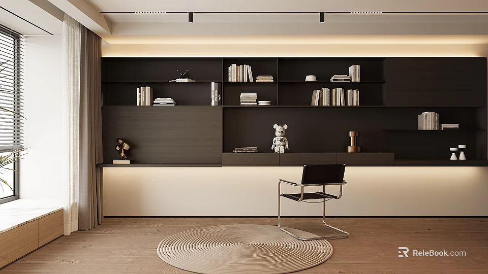 Modern Minimalist Study Room With Dark Bookshelves Round Rug And Wooden Floor 3d model 