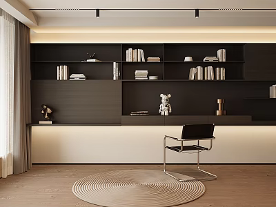 Modern Minimalist Study Room With Dark Bookshelves Round Rug And Wooden Floor 3d model