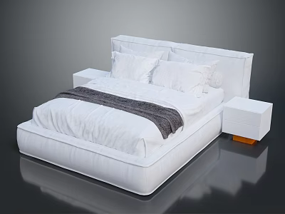 Modern White Bed Frame With Headboard White Pillows Dark Blanket Nightstands With Orange Base 3d model