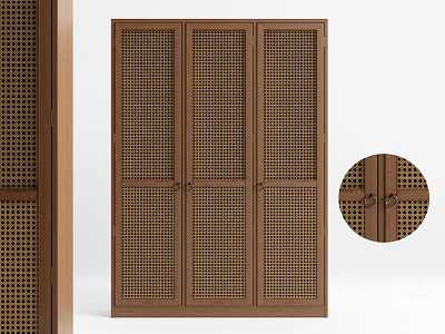 Solid Wood Chinese Style Wardrobe With Three Door Lattice Design And Classic Handles 3d model