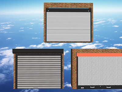 Three Different Roller Shutters With Brick Wall And Cloudy Sky Background 3d model