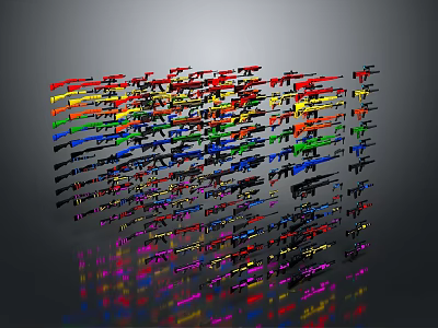 Colorful Firearms Arranged in Wave Pattern With Various Colors Against Gray Background Showing Reflection Effect 3d model