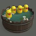 Cute Yellow Ducklings in Cartoon Wooden Bucket Pool with Lotus Leaves Flower and White Pebbles