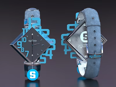 Modern Sporty Watches with Diamond Shaped Dials Blue Straps and Numerical Designs 3d model