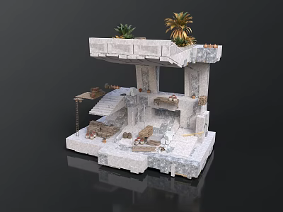 Stone Architectural Structure With Plants And Palm Tree On Upper Level Staircase And Platforms 3d model
