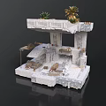 Stone Architectural Structure With Plants And Palm Tree On Upper Level Staircase And Platforms