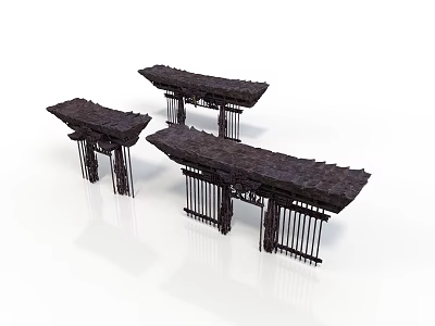 Black Traditional Architectural Models Featuring Classic Roof Gate Portico Structures Support Columns and Grille Patterns 3d model