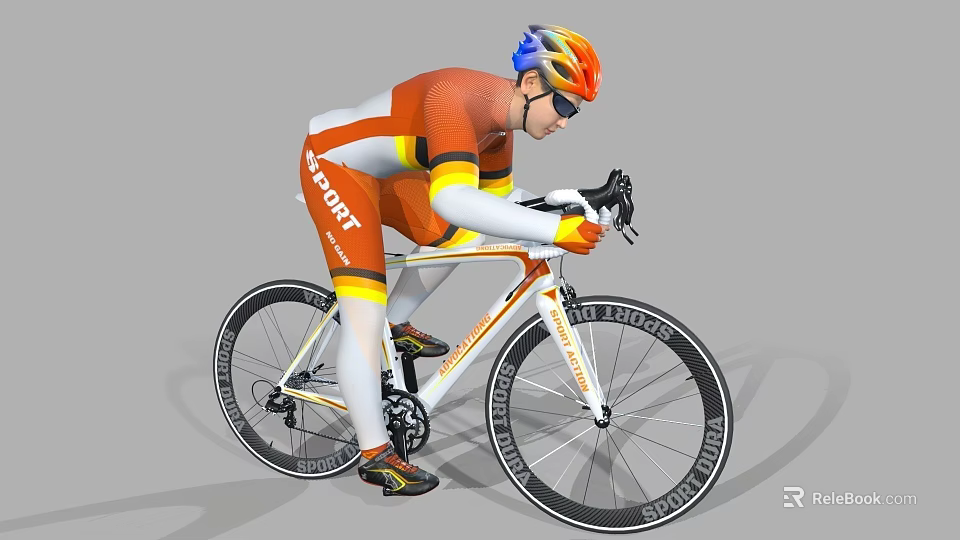 Man Riding Road Bicycle In Orange And Yellow Sportswear With Helmet And Sunglasses 3d model 